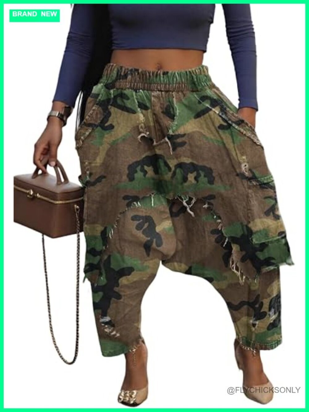 Womens Baggy Harem Jeans Patchwork Cargo Denim Pants Elastic Waist Wide Leg